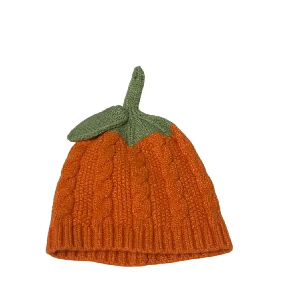NWOT Knit baby pumpkin hat cable knit stitch green stem and attached leaf